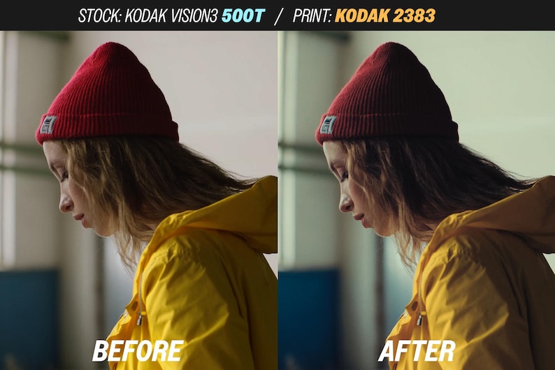 May include: A side-profile shot of a person wearing a red beanie and a yellow jacket. The image is split, with "BEFORE" on the left and "AFTER" on the right, showcasing a color correction. The text "STOCK: KODAK VISION3 500T / PRINT: KODAK 2383" is at the top.