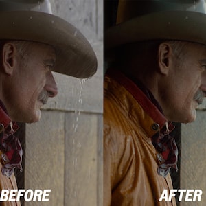 Puede incluir: Perfil de un hombre con sombrero de vaquero y chaqueta amarilla con cuello rojo. La imagen est&aacute; dividida, con "BEFORE" a la izquierda y "AFTER" a la derecha, mostrando un efecto de antes y despu&eacute;s. Se ven gotas de agua.
