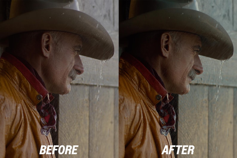 Puede incluir: Perfil de un hombre con sombrero de vaquero y chaqueta amarilla con cuello rojo. La imagen est&aacute; dividida, con "BEFORE" a la izquierda y "AFTER" a la derecha, mostrando un efecto de antes y despu&eacute;s. Se ven gotas de agua.