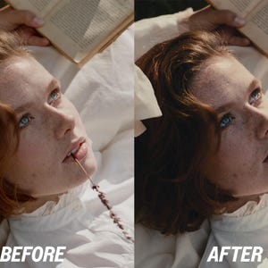 May include: A split image showing a person with red hair and blue eyes, lying down and holding a sprig of lavender in their mouth. The left side is labeled "BEFORE" and the right side is labeled "AFTER". The person is wearing a white shirt and holding a book.