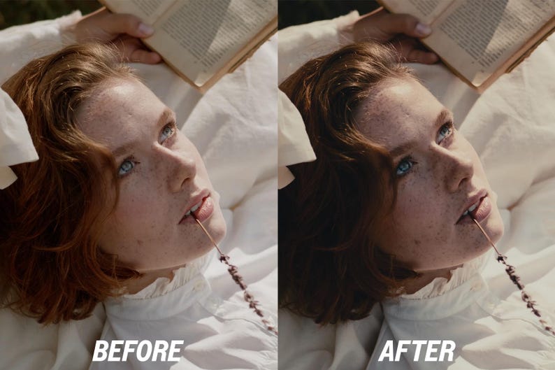 May include: A split image showing a person with red hair and blue eyes, lying down and holding a sprig of lavender in their mouth. The left side is labeled "BEFORE" and the right side is labeled "AFTER". The person is wearing a white shirt and holding a book.