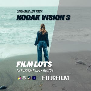 Pode incluir: Imagem promocional de LUTs de filme "KODAK VISION 3" para FUJIFILM F-Log + Rec.709. Uma pessoa está em pé numa praia de frente para o mar. O texto "CINEMATIC LUT PACK" e "FILM LUTS" é visível, juntamente com o logotipo da FUJIFILM.