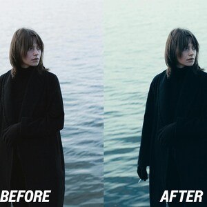 May include: A person in a black coat and gloves stands by water. The image is split, with "BEFORE" and "AFTER" text at the bottom, showing a colour adjustment. The water is a light blue colour.