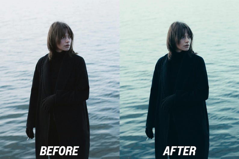 May include: A person in a black coat and gloves stands by water. The image is split, with "BEFORE" and "AFTER" text at the bottom, showing a colour adjustment. The water is a light blue colour.