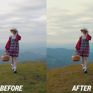 May include: A person in a red and plaid dress and a straw hat walks on a grassy hill, carrying a woven basket. The background shows a mountain range under a cloudy sky. The image is split, with "BEFORE" and "AFTER" text.