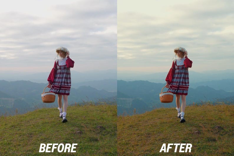 May include: A person in a red and plaid dress and a straw hat walks on a grassy hill, carrying a woven basket. The background shows a mountain range under a cloudy sky. The image is split, with "BEFORE" and "AFTER" text.