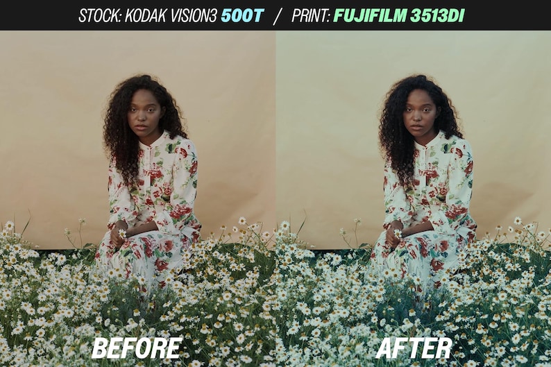 Puede incluir: La imagen muestra a una mujer con un vestido floral sentada en un campo de flores blancas. El vestido tiene estampados florales rojos y verdes. El texto "ANTES" y "DESPU&Eacute;S" es visible en la parte inferior de la imagen, con el texto "STOCK: KODAK VISION3 500T / PRINT: FUJIFILM 3513DI" en la parte superior.
