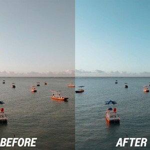 May include: A split-screen image showing a before-and-after photo of a seascape. The "before" side has a muted color palette, while the "after" side has a brighter, more vibrant appearance. Several small boats are scattered across the water under a clear sky.