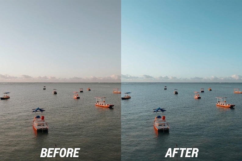 May include: A split-screen image showing a before-and-after photo of a seascape. The "before" side has a muted color palette, while the "after" side has a brighter, more vibrant appearance. Several small boats are scattered across the water under a clear sky.