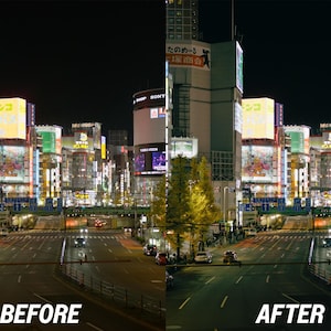 K&ouml;nnte beinhalten: Eine n&auml;chtliche Stra&szlig;enszene in einer Stadt mit hellen Neon- und Werbetafeln. Das Bild ist geteilt, mit "VORHER" links und "NACHHER" rechts, was eine Farbkorrektur zeigt. Autos fahren auf der Stra&szlig;e.