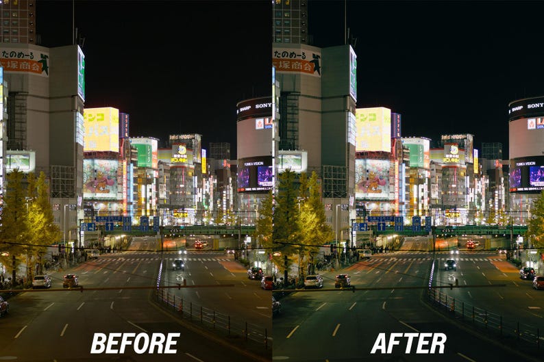 K&ouml;nnte beinhalten: Eine n&auml;chtliche Stra&szlig;enszene in einer Stadt mit hellen Neon- und Werbetafeln. Das Bild ist geteilt, mit "VORHER" links und "NACHHER" rechts, was eine Farbkorrektur zeigt. Autos fahren auf der Stra&szlig;e.