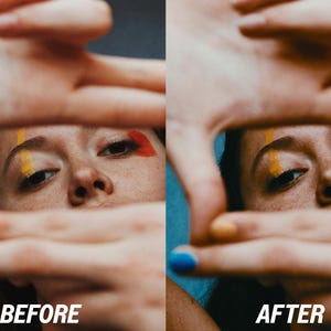 May include: A split image showing a person's face framed by hands. The left side, labelled "BEFORE," shows the person with yellow and red face paint. The right side, labelled "AFTER," shows the same person with a darker complexion.