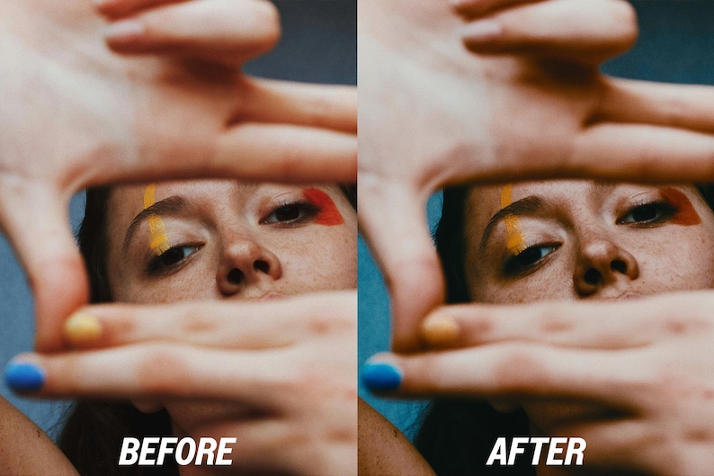 May include: A split image showing a person's face framed by hands. The left side, labelled "BEFORE," shows the person with yellow and red face paint. The right side, labelled "AFTER," shows the same person with a darker complexion.