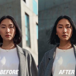 May include: A woman in a grey coat and white t-shirt, with the words "BEFORE" and "AFTER" in white at the bottom. The background is a modern building with large windows.