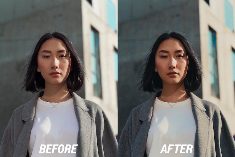 May include: A woman in a grey coat and white t-shirt, with the words "BEFORE" and "AFTER" in white at the bottom. The background is a modern building with large windows.