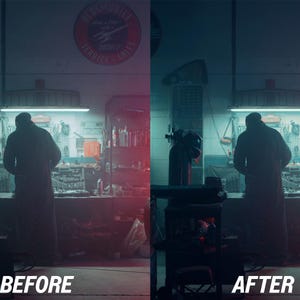 May include: A before and after image of a workshop scene. The "BEFORE" image has a red and blue hue, while the "AFTER" image has a teal and red hue. A person is standing in the workshop, with tools and equipment visible.