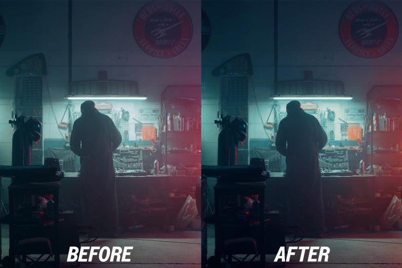 May include: A before and after image of a workshop scene. The "BEFORE" image has a red and blue hue, while the "AFTER" image has a teal and red hue. A person is standing in the workshop, with tools and equipment visible.