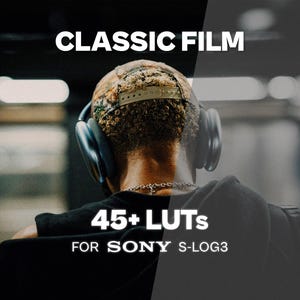 May include: A digital product display featuring the text CLASSIC FILM at the top and 45+ LUTs FOR SONY S-LOG3 at the bottom. The background shows a person from behind wearing a patterned baseball cap, black over-ear headphones, and a black shirt.
