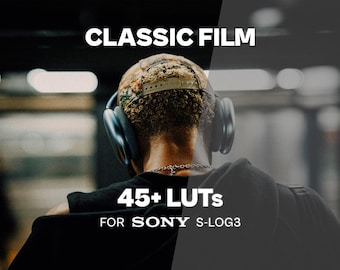 May include: A digital product display featuring the text CLASSIC FILM at the top and 45+ LUTs FOR SONY S-LOG3 at the bottom. The background shows a person from behind wearing a patterned baseball cap, black over-ear headphones, and a black shirt.