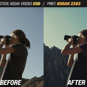 May include: A split image shows a person using a camera in a mountainous landscape. The left side is labeled "BEFORE" and the right side is labeled "AFTER". The text at the top reads "STOCK: KODAK VISION3 50D / PRINT: KODAK 2383".