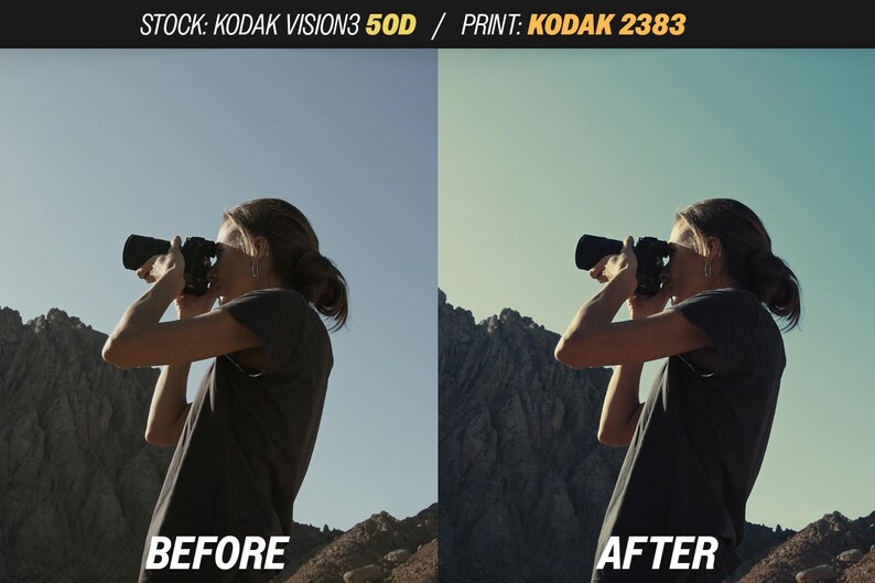 May include: A split image shows a person using a camera in a mountainous landscape. The left side is labeled "BEFORE" and the right side is labeled "AFTER". The text at the top reads "STOCK: KODAK VISION3 50D / PRINT: KODAK 2383".
