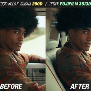 May include: A split image showing a person in a plaid jacket, with the text "BEFORE" on the left and "AFTER" on the right. The image is a portrait of a person with dark hair and skin, seated in a vehicle.