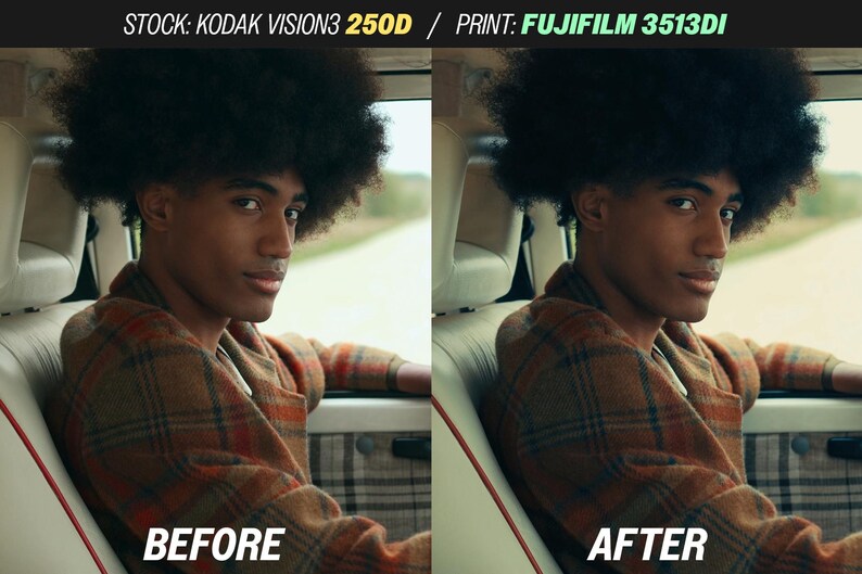 May include: A split image showing a person in a plaid jacket, with the text "BEFORE" on the left and "AFTER" on the right. The image is a portrait of a person with dark hair and skin, seated in a vehicle.