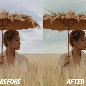 May include: A woman stands in a wheat field, holding a parasol adorned with dried grasses. The parasol is tan, and the woman wears a light-colored blazer. The image is split, with "BEFORE" and "AFTER" text at the bottom.