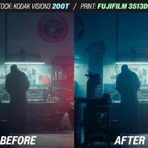 May include: A split-screen image showcasing a before-and-after comparison. The left side, labeled "BEFORE," displays a dimly lit workshop with a figure. The right side, labeled "AFTER," shows the same scene with enhanced color grading. Text at the top reads "STOCK: KODAK VISION3 200T / PRINT: FUJIFILM 3513DI."