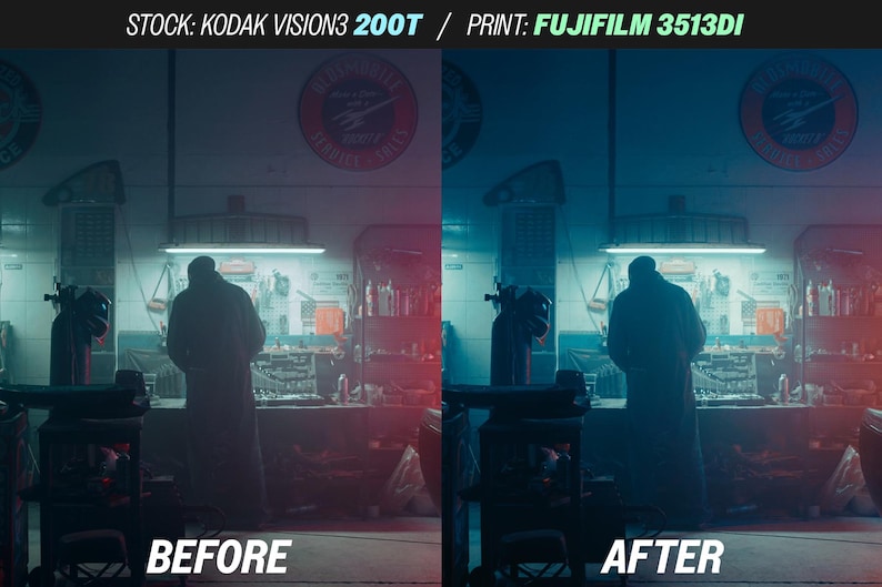 May include: A split-screen image showcasing a before-and-after comparison. The left side, labeled "BEFORE," displays a dimly lit workshop with a figure. The right side, labeled "AFTER," shows the same scene with enhanced color grading. Text at the top reads "STOCK: KODAK VISION3 200T / PRINT: FUJIFILM 3513DI."