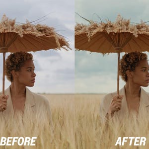 May include: A woman stands in a wheat field, holding a parasol adorned with dried grasses. The parasol is tan, and the woman wears a light-colored blazer. The image is split, with "BEFORE" and "AFTER" text, showing a color adjustment.