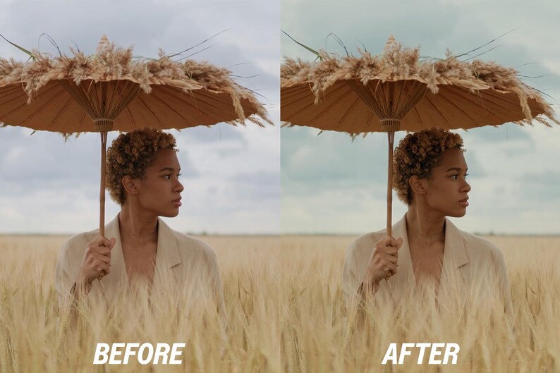 May include: A woman stands in a wheat field, holding a parasol adorned with dried grasses. The parasol is tan, and the woman wears a light-colored blazer. The image is split, with "BEFORE" and "AFTER" text, showing a color adjustment.