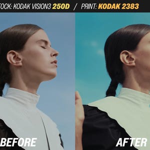May include: A split image showing a person's profile against a blue sky. The left side is labeled "BEFORE" and the right side "AFTER". The person wears a white and black top. The text at the top reads "STOCK: KODAK VISION3 250D / PRINT: KODAK 2383".
