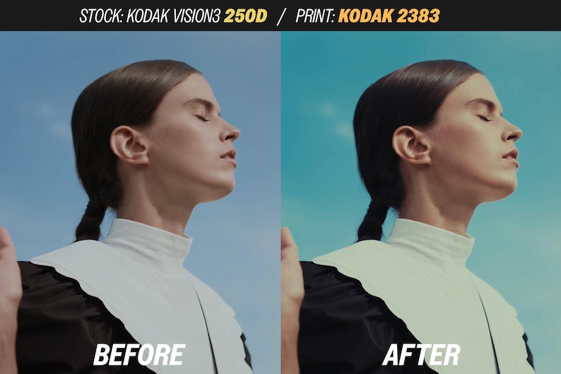 May include: A split image showing a person's profile against a blue sky. The left side is labeled "BEFORE" and the right side "AFTER". The person wears a white and black top. The text at the top reads "STOCK: KODAK VISION3 250D / PRINT: KODAK 2383".