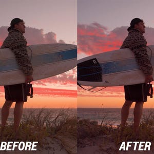 May include: A person stands on a sandy dune, holding a surfboard against a sunset sky. The surfboard is white with blue stripes. The image has the text "BEFORE" and "AFTER" at the bottom.