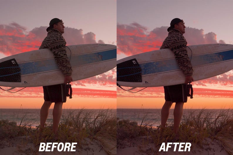 May include: A person stands on a sandy dune, holding a surfboard against a sunset sky. The surfboard is white with blue stripes. The image has the text "BEFORE" and "AFTER" at the bottom.