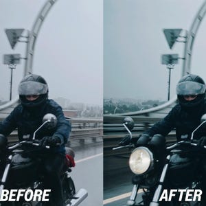 May include: A person riding a black motorcycle on a wet road. The rider wears a helmet and dark clothing. The image is split, with "BEFORE" and "AFTER" text, showing a before and after photo editing comparison.