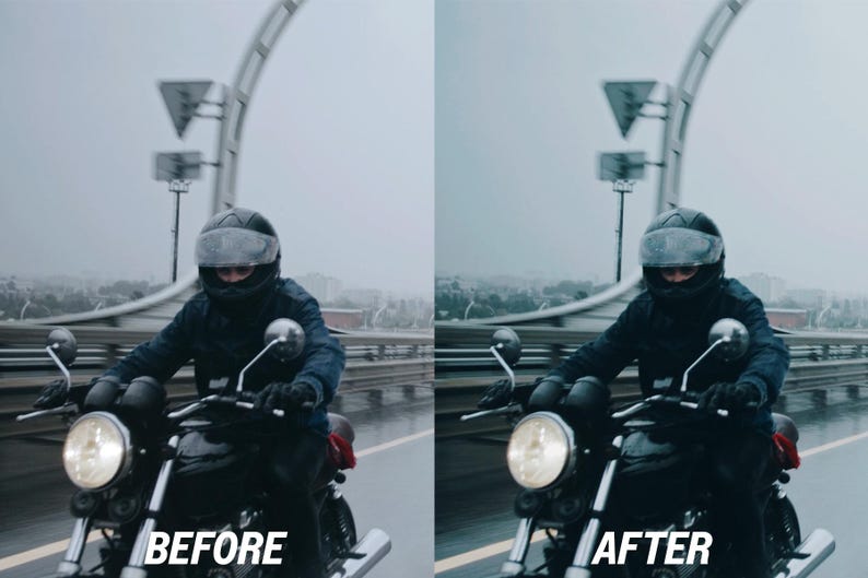 May include: A person riding a black motorcycle on a wet road. The rider wears a helmet and dark clothing. The image is split, with "BEFORE" and "AFTER" text, showing a before and after photo editing comparison.