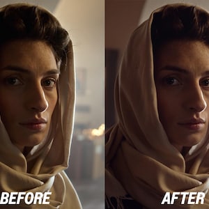 May include: A side-by-side comparison of a woman's face, one image labeled "BEFORE" and the other "AFTER." The woman wears a light-colored headscarf. The "AFTER" image shows a slightly enhanced version.