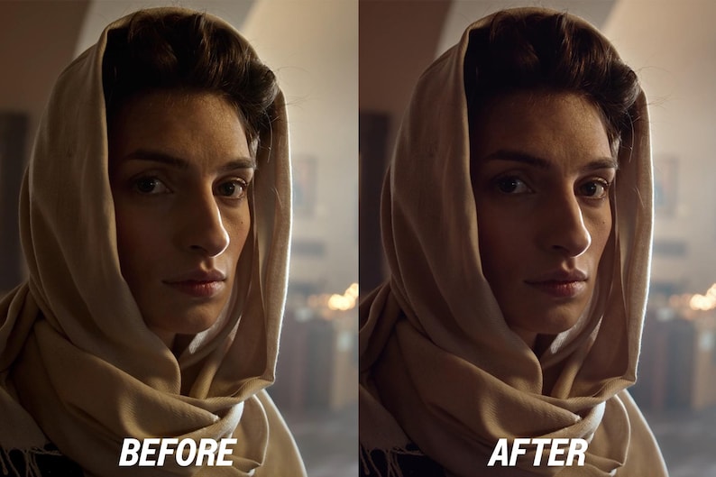 May include: A side-by-side comparison of a woman's face, one image labeled "BEFORE" and the other "AFTER." The woman wears a light-colored headscarf. The "AFTER" image shows a slightly enhanced version.