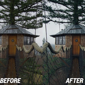 Puede incluir: Una casa en el &aacute;rbol con puerta y ventanas de madera, conectada por un puente de cuerda. La casa en el &aacute;rbol tiene un techo de metal y est&aacute; rodeada de &aacute;rboles. La imagen tiene el texto "BEFORE" y "AFTER" en la parte inferior.
