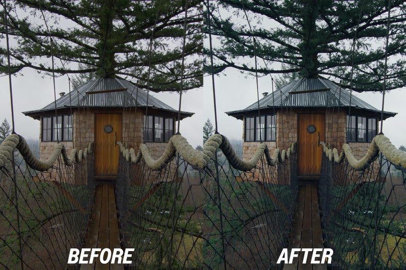 Puede incluir: Una casa en el &aacute;rbol con puerta y ventanas de madera, conectada por un puente de cuerda. La casa en el &aacute;rbol tiene un techo de metal y est&aacute; rodeada de &aacute;rboles. La imagen tiene el texto "BEFORE" y "AFTER" en la parte inferior.