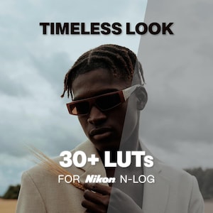 以下が含まれることがあります： TIMELESS LOOKおよび30+ LUTs FOR Nikon N-LOGというテキストが記載されたデジタルグラフィック。茶色のサングラスとベージュのブレザーを着用した人物が写っており、画面分割効果によって、温かみのある色調と彩度を落とした色調が対比されています。