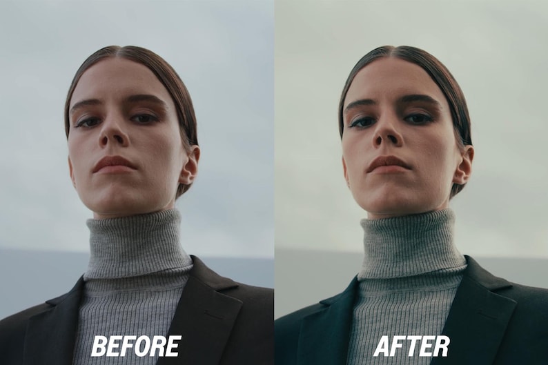 Puede incluir: Imagen dividida que muestra a una persona con un jersey de cuello alto gris y una blazer negra. El texto "ANTES" est&aacute; a la izquierda y "DESPU&Eacute;S" a la derecha, indicando una comparaci&oacute;n visual de dos im&aacute;genes.