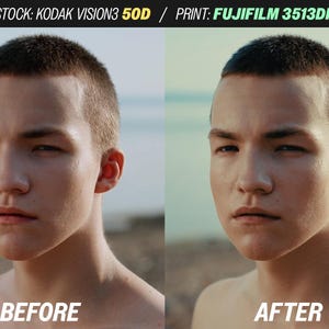 Puede incluir: Imagen dividida que muestra la cara de una persona antes y despu&eacute;s de una edici&oacute;n fotogr&aacute;fica. Los textos "ANTES" y "DESPU&Eacute;S" se muestran debajo de cada imagen. La parte superior de la imagen tiene el texto "STOCK: KODAK VISION3 50D / PRINT: FUJIFILM 3513DI".
