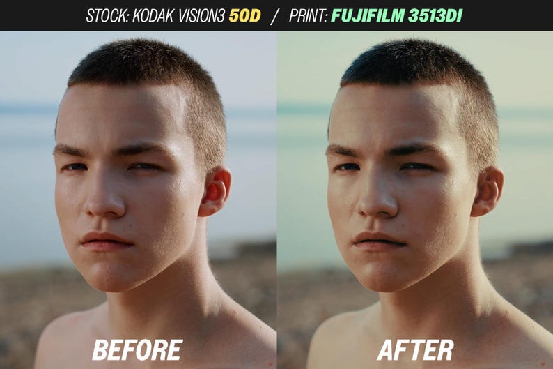 Puede incluir: Imagen dividida que muestra la cara de una persona antes y despu&eacute;s de una edici&oacute;n fotogr&aacute;fica. Los textos "ANTES" y "DESPU&Eacute;S" se muestran debajo de cada imagen. La parte superior de la imagen tiene el texto "STOCK: KODAK VISION3 50D / PRINT: FUJIFILM 3513DI".