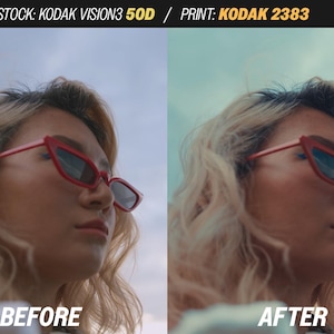 May include: Split image showing a person wearing red cat-eye sunglasses. The left side is labeled "BEFORE" and the right side is labeled "AFTER". The text at the top reads "STOCK: KODAK VISION3 50D / PRINT: KODAK 2383".