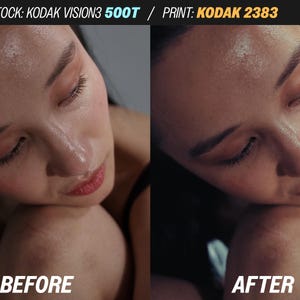 May include: Split-screen image showing a person's face before and after a process. The "BEFORE" side has a lighter tone, while the "AFTER" side appears darker. The person's eyes are closed, and the lips are a reddish hue. The text at the top reads "STOCK: KODAK VISION3 500T / PRINT: KODAK 2383".