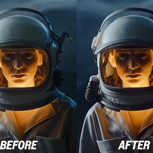 May include: A person wearing a vintage-style astronaut helmet and uniform, with the text "BEFORE" and "AFTER" at the bottom. The helmet has a clear visor and is lit from within, casting a warm glow on the face.