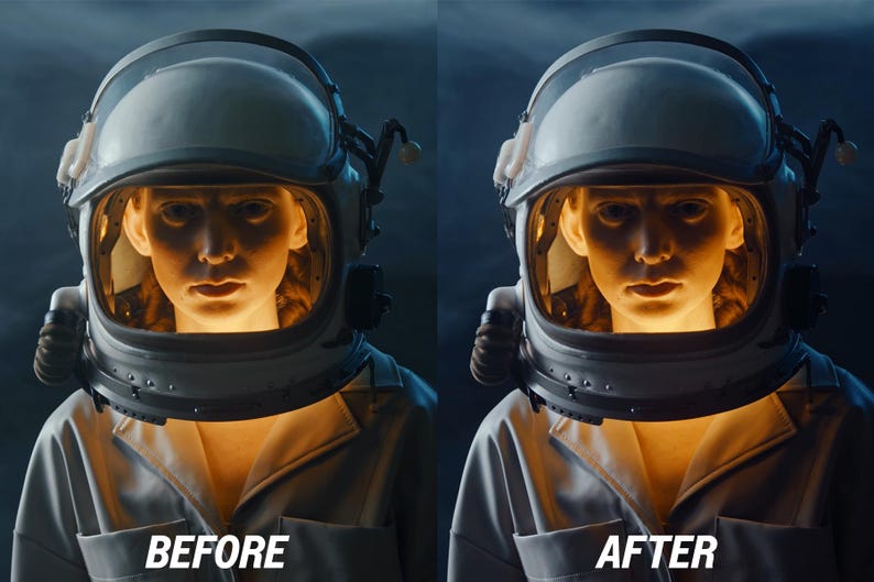 May include: A person wearing a vintage-style astronaut helmet and uniform, with the text "BEFORE" and "AFTER" at the bottom. The helmet has a clear visor and is lit from within, casting a warm glow on the face.